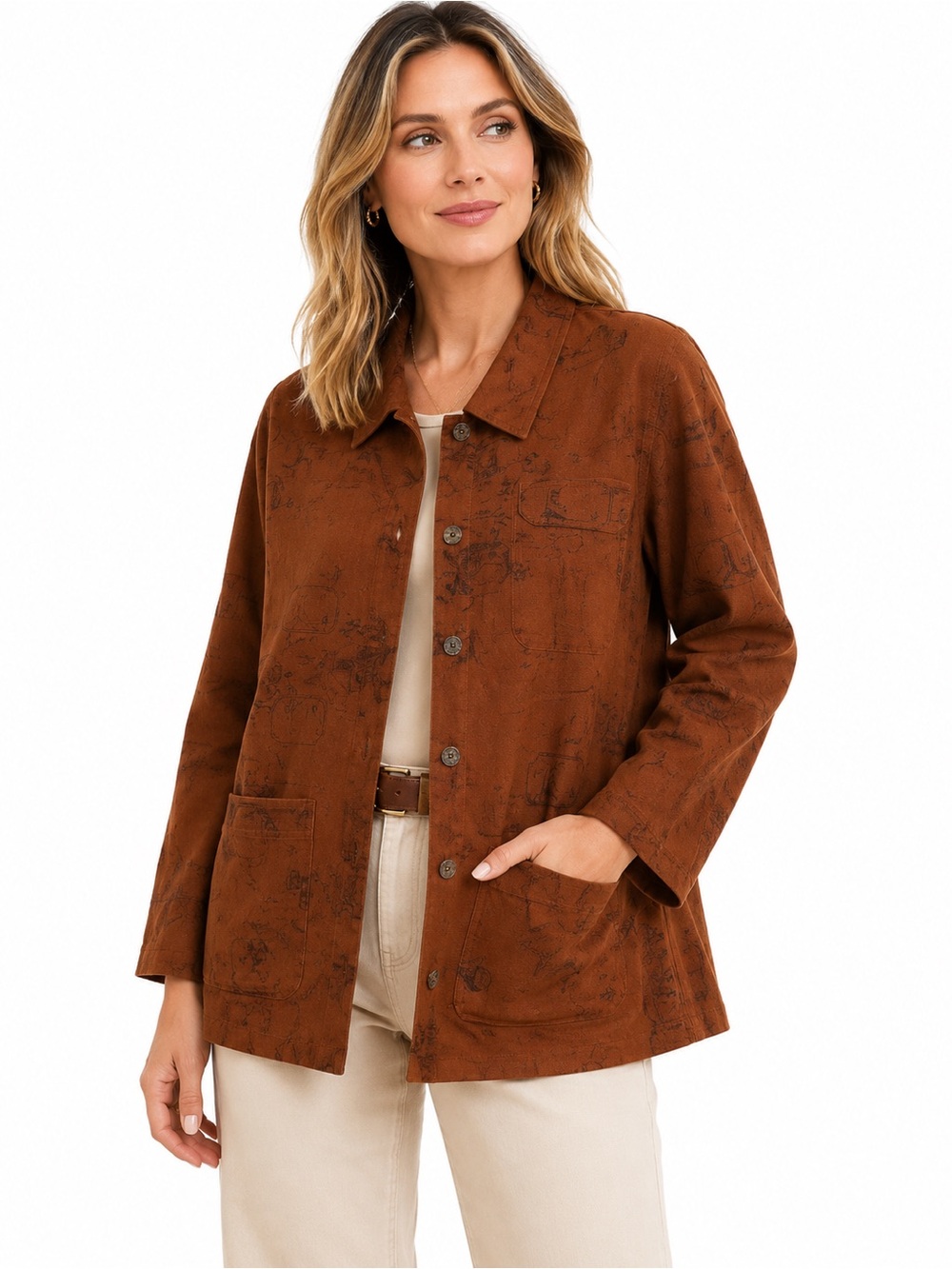 Chico’s Rust Brown Jacket Shirt Button Front Artsy Travel Layer Size 1